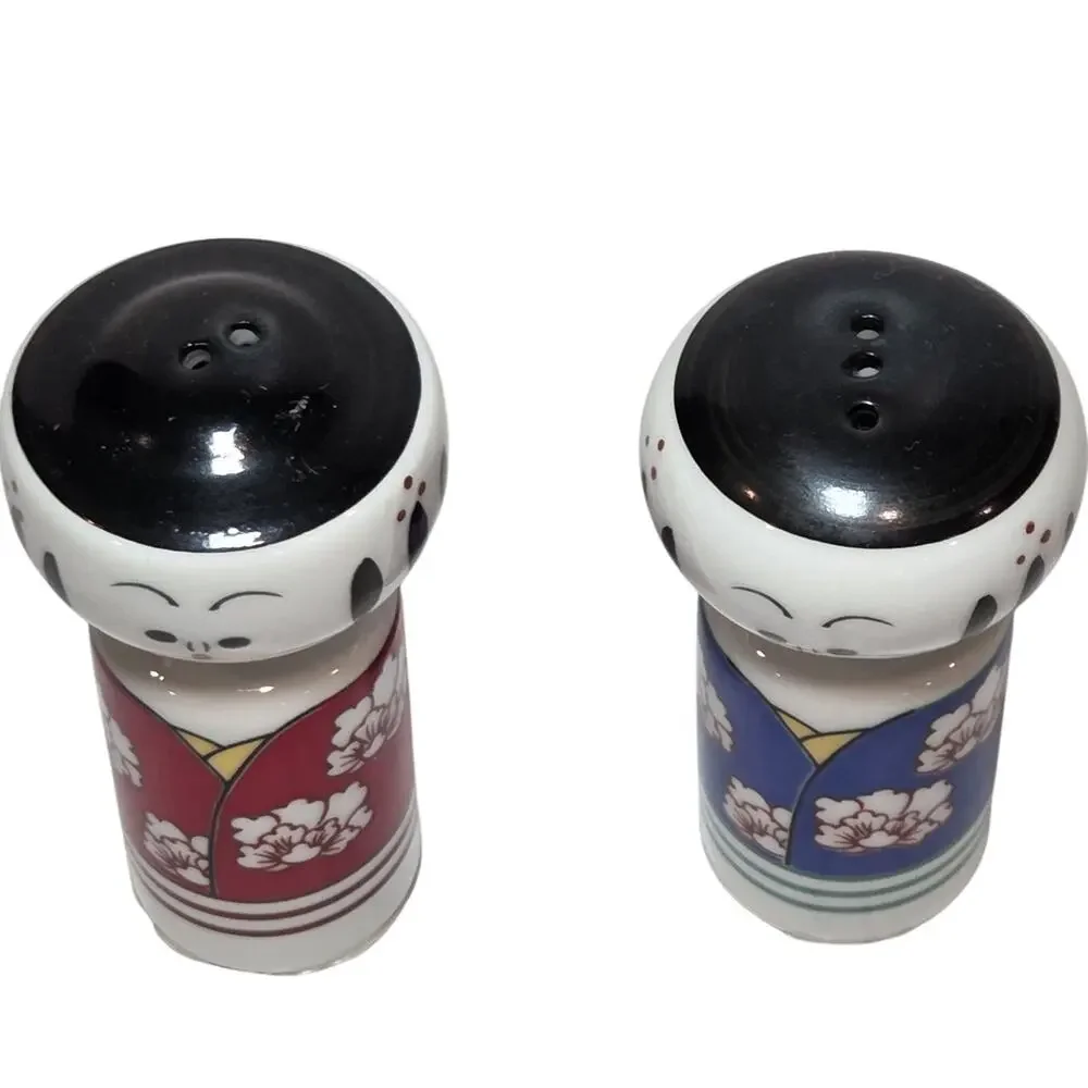 Vintage Japan Kokeshi Doll Salt Pepper Shakers Red Blue Floral Kimono Porcelain
